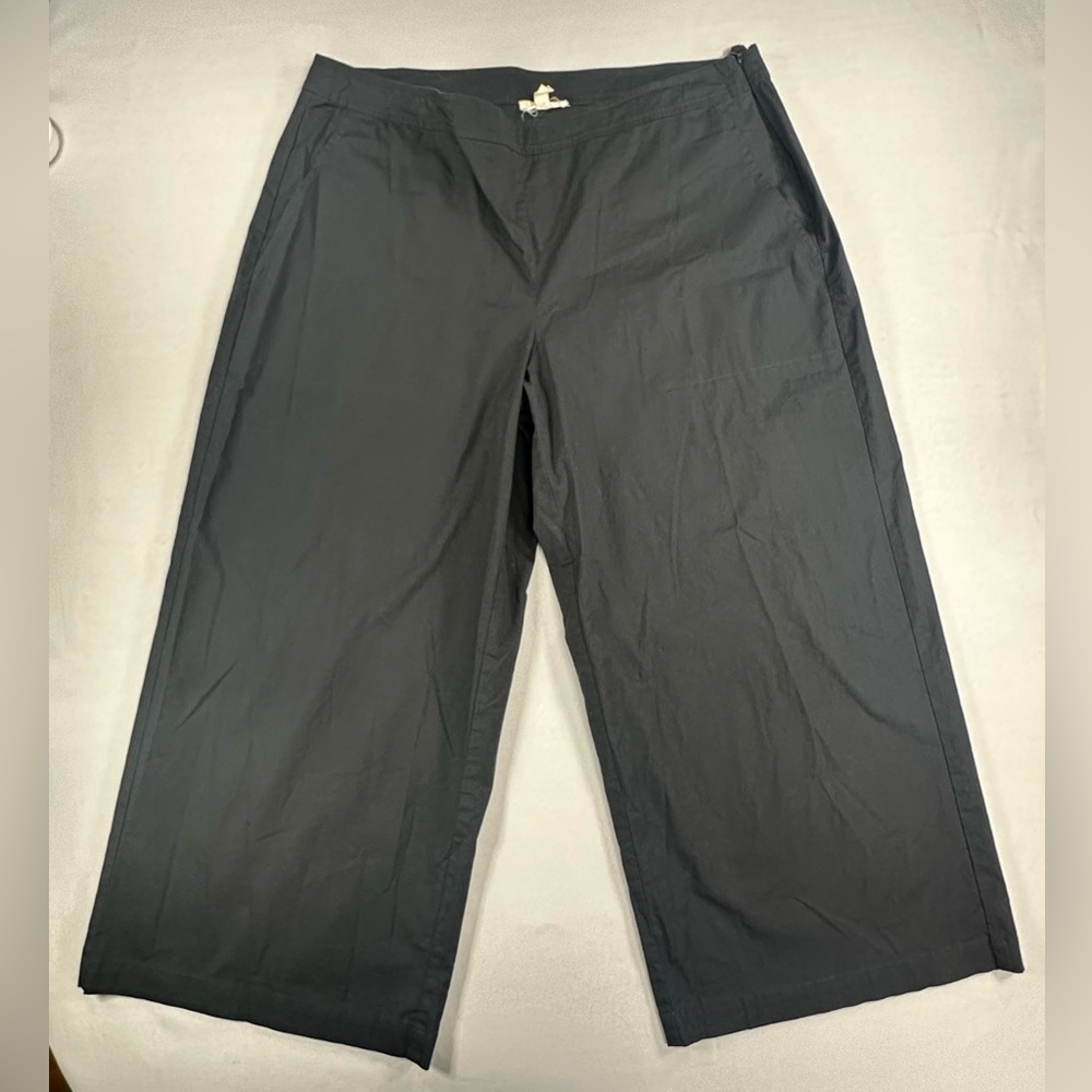 Eileen Fisher Large Womens Pants Black Organic Cotton Crop Side Zip Wide Leg